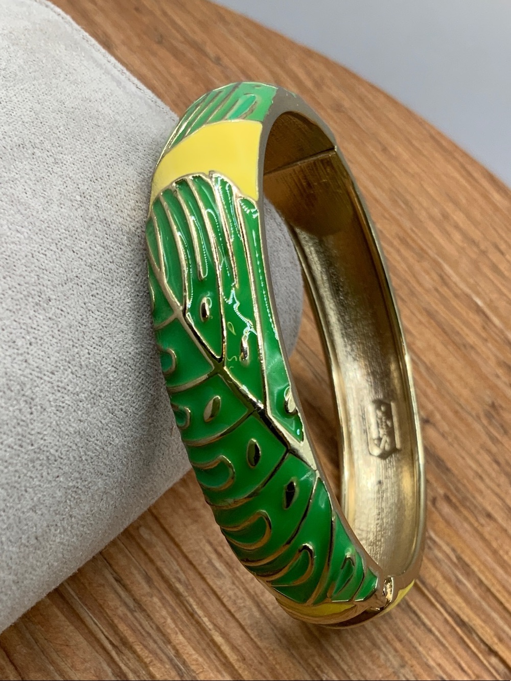 Sequin Green & Yellow Enamel Leaf Gold Tone Bangle Bracelet